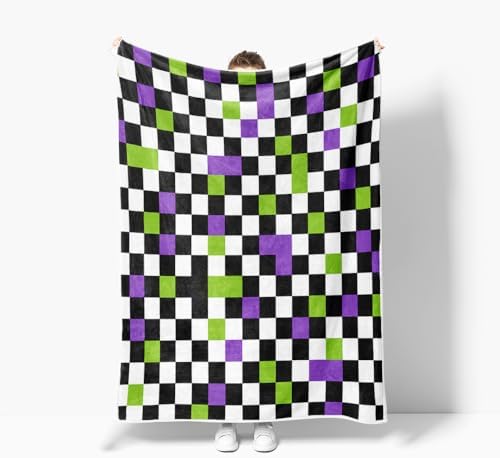 JAWO Halloween Gothic Checkerboard Throw Blanket, Purple Lime Green Black White Plaid Plush Flannel Blanket, Spooky Grid Decor Couch Bed Blanket 60X80 Inches - Image 5
