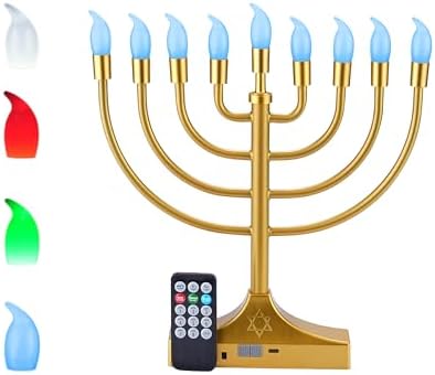 Electric Hanukkah Menorah,RGB Led Menorahs for Chanukah Decoration,Color Changing with Remote Control & Push-Button to Choose The Day and Timer Options Battery/USB Powered,Gold by NbHnJs