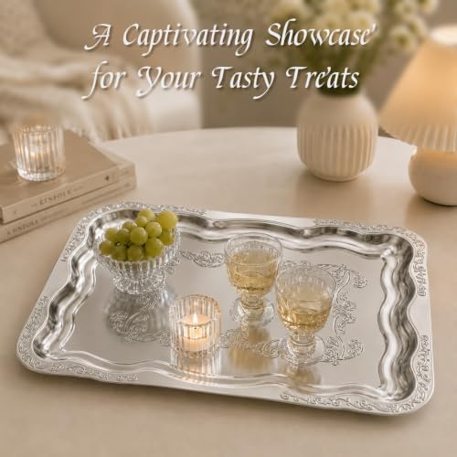 4 Pack Large Silver Serving Trays, Elegant Floral Silver Serving Platter for Party Decoration Buffet Wedding Festive Occasions 15.7" x 11.8" - Image 2