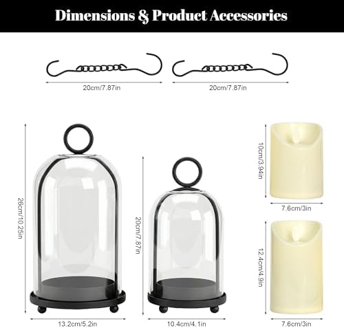 Hurricane Candle Holders Set of 2-10" & 7.8" Black Metal Base with Glass Dome, Includes 2 Pillar Candles, Hanging or Tabletop Centerpiece (Batteries Not Included) - Image 4