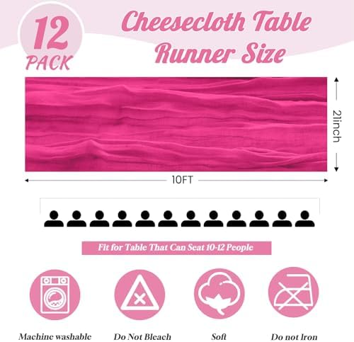 12Pack Hot Pink Cheesecloth Table Runners 10FT Gauze Table Runner - Image 3