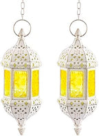 2 Pcs Moroccan Lantern Metalwork Hanging Tealight Candle Holder Metal Glass Indoor Outdoor Battery Operated LED Flameless with 35cm Chain, White by Nuptio
