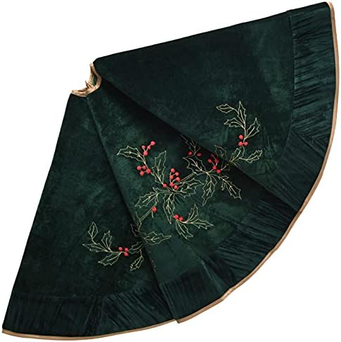 X.Sem Holly Leaf Embroidered Velvet Christmas Tree Skirt with Pleat Velvet Border 50'' (Dark Green, 50 inch) by ONGLYP