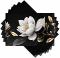 Gorgeous Flowers Placemats Set of 6, White Gold Floral Botanicals Black Woven Placemat Washable Wipeable Table Placemat with Pocket, Holiday Cloth Table Mat for Party Kichen Dinner by AMZRicher