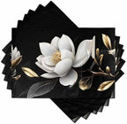 Gorgeous Flowers Placemats Set of 6, White Gold Floral Botanicals Black Woven Placemat Washable Wipeable Table Placemat with Pocket, Holiday Cloth Table Mat for Party Kichen Dinner by AMZRicher