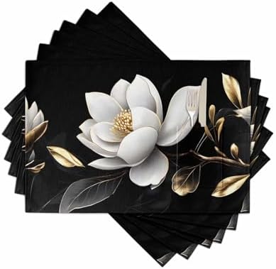 Gorgeous Flowers Placemats Set of 6, White Gold Floral Botanicals Black Woven Placemat Washable Wipeable Table Placemat with Pocket, Holiday Cloth Table Mat for Party Kichen Dinner by AMZRicher