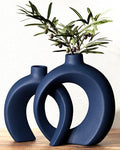 Blue Vase Set of 2 - Donut Navy Vases Home Decor, Modern Coastal Decor - Decorative Vase, Ceramic Decorations for Living Room Coffee Table Bookshelf Shelf Console Mantle (Matte Navy Blue) by Jonronboci