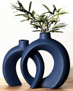 Blue Vase Set of 2 - Donut Navy Vases Home Decor, Modern Coastal Decor - Decorative Vase, Ceramic Decorations for Living Room Coffee Table Bookshelf Shelf Console Mantle (Matte Navy Blue) by Jonronboci