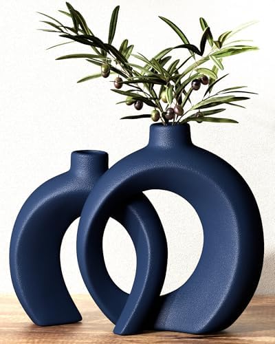 Blue Vase Set of 2 - Donut Navy Vases Home Decor, Modern Coastal Decor - Decorative Vase, Ceramic Decorations for Living Room Coffee Table Bookshelf Shelf Console Mantle (Matte Navy Blue) by Jonronboci