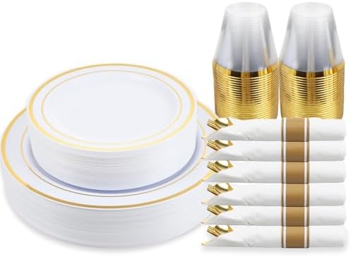M MCIRCO 175 Piece Gold Dinnerware Set - 50 Plastic Plates, 25 Cups, 25 Pre Rolled Napkins with Plastic Silverware, Disposable Gold Dinnerware Set for 25 Guest by MMCIRCO