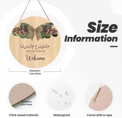 Welcome Hanging Sign Islamic Wall Art,Round Wooden Arabic Calligraphy Wall Decor,As-Salamu Alaykum -Peace Be Upon You,Islamic Floral Design For Wall Decoration,Door Hangings,Office Design - Image 3