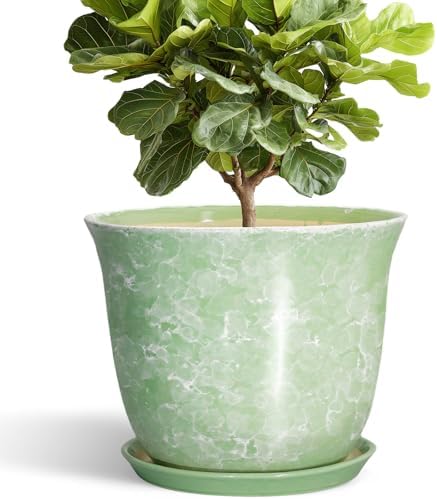 12 Inch Pots for Plants, Ceramic Plant Pots with Drainage, Green by SUNPOTFOR