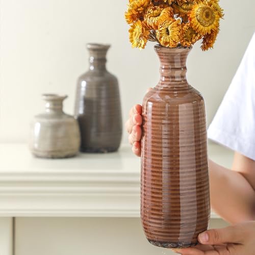 Ceramic Vases Set of 3, Neutral Rustic Farmhouse Vases Home Decor Decorative Flower Vase Modern Boho Pampass Vase for Table Mantel Entryway Shelf Living Room Kitchen Bathroom - Brown - Image 4