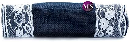 VDS Pack of 15, Burlap Table Runner with White Lace Edge, 100% Natural Jute Rustic Hessian Table Cloth Centerpiece for Wedding Birthday Party Banquet Table Decoration (Size 12X108 Inch)(Navy Blue) - Image 4