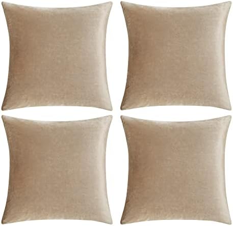 Decorative Throw Pillow Covers 20 x 20, Beige Taupe Khaki Sofa Pillow Covers Velvet, Set of 4 Decor Square Cushion Covers by GIGIZAZAFocusingonhomedecoration