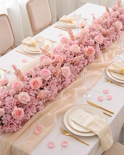 72inch Aisle Flower Garland with Chiffon Sheer Drape, Mixed Pink Artificial Flowers Rose with Hydrangea, Floral Runner for Wedding Arch, Backdrop, Reception Table Decor, Ceremony Pathway - Image 4