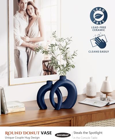 Blue Vase Set of 2 - Donut Navy Vases Home Decor, Modern Coastal Decor - Decorative Vase, Ceramic Decorations for Living Room Coffee Table Bookshelf Shelf Console Mantle (Matte Navy Blue) - Image 2