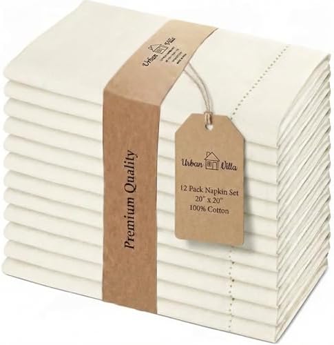 Urban Villa Cloth Napkins Ivory Hemstitch Dinner Napkins Set of 12 (20X20) 100% Cotton Absorbent Washable Durable Reusable Ideal for Hotel Collection Farmhouse Parties Restaurant Lunch Dinner Napkins by CottonTrends