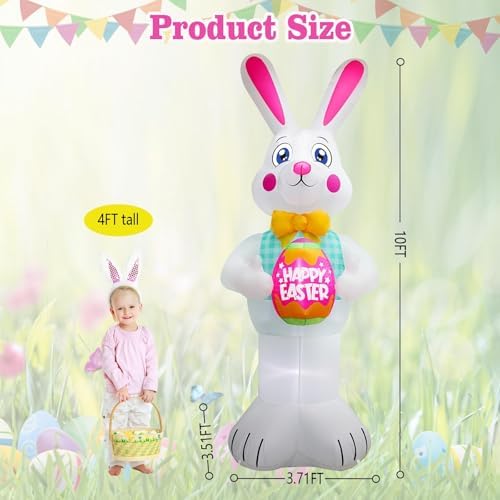 10FT Easter Inflatables Bunny Holding Easter Egg Decoration, Easter Blow up Yard Decoration White Rabbit Inflatable Built-in 3 LED for Easter Party Holiday Indoor Outdoor Yard Garden Decor - Image 2