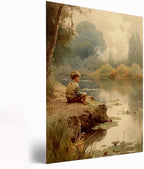 Vintage Boys Room Art,Boy By Pond Poster,Summer Decor Print,Boys Artful Nursery Print Painting,Vintage Prints of Children Playing,Vintage Art for Boy Nursery Bedroom Decor16x24inch Framed Art by Unknown