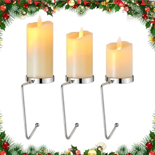Minetom Christmas Stocking Holders for Mantle LED Set of 3, Flickering Flameless Votive Candles Stocking Hangers for Fireplace, Candle Stocking Hook for Counter Mantle Decoration - Image 2