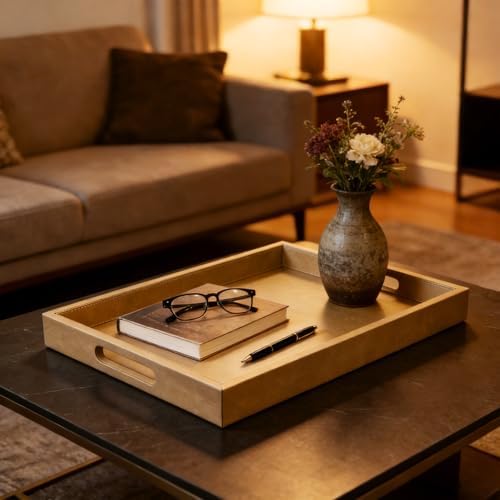25x18 inches Leather Ottoman Serving Tray with Hole Handles, Rectangle Large Modern Service Tray for Living Room, Coffee Table, Bed, Tea, Food, Butler Countertop, Kitchen, Dinner, Picnic (Brown) - Image 2