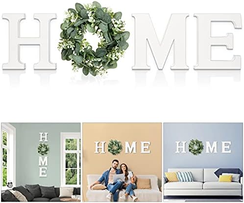 MAYICIVO Modern Wooden Home Sign with Artificial Eucalyptus Wreath, White and Beige, 13.81 inches Diameter, Wall Mount, MDF Wood, Plastic by MAYICIVO
