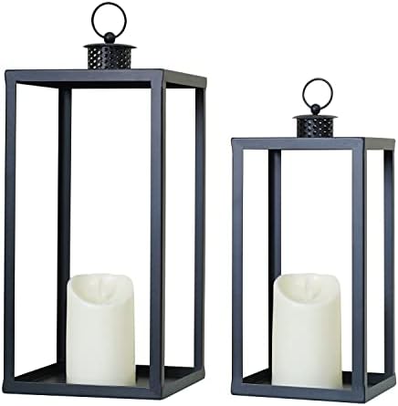 HPC Decor Black Metal Candle Lanterns Set of 2- Lanterns Decorative with Flickering Timer Candles- 16.5'' & 13'' Chunky Large Modern Farmhouse Candle Lanterns for Indoor, Outdoor, Tabletop (No Glass) by HPCDECOR