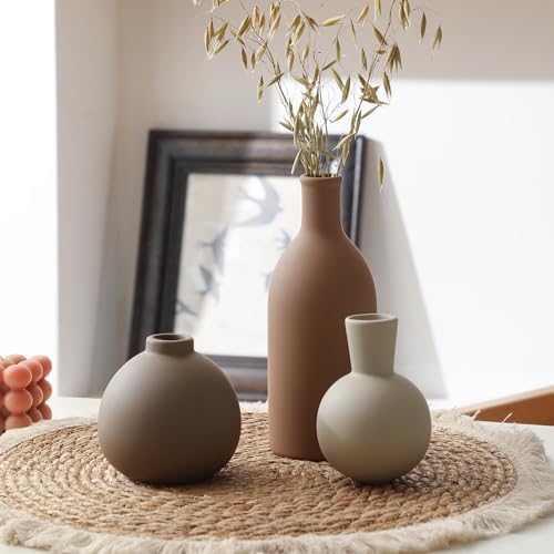 Ceramic Vase Set of 3, Vases Home Decor Rustic Farmhouse Decorative Vase Pottery Vases for Bouquet Pampas Grass Dried Fresh Flowers, Table Living Room Kitchen Bedroom Bathroom - Brown - Image 4