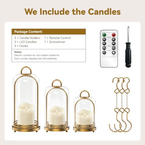 Candle Holder with Flameless Candles & Glass Dome, Set of 3 - Image 2