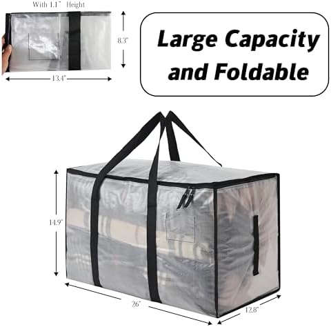 6-Pack Extra Large Clear Moving Bags with Zippers, 93L Heavy Duty Storage Totes with Wrap-Around Handles, Collapsible Clothes & Holiday Storage Bins Alternative (100lb Capacity) - Image 3