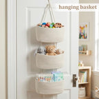 TeoKJ Over the Door Hanging Basket, 3-Tier Woven Cotton Wall-Mounted Storage Organizer Bag Decorative Hanging Nursery Baskets, White - Image 4