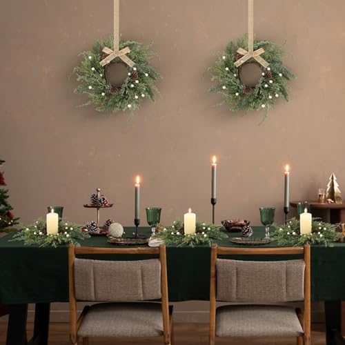 6 PCS Christmas Wreath Christmas Kitchen Cabinet Wreaths with Burlap Ribbon Mini Wreath Pine Garland Frosted Cedar Pine Cone Hanging Garlands Candle Rings for Front Door Window Chair Wall - Image 5