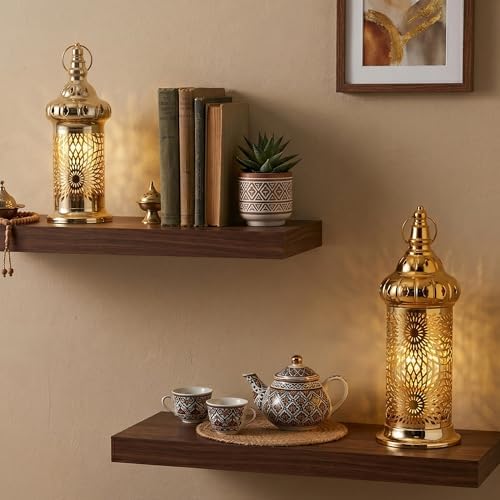 TRIROCKS Ramadan Lanterns Set of 2 10" &12.5" Gold Electric Candle Holders with Timer, Metal Decorative Vintage Lanterns for Indoor/Outdoor Decor, Perfect EID Mubarak Gift - Image 4