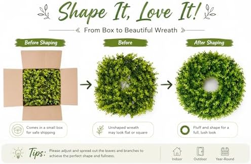 DDHS 16-18in Small Boxwood Wreath for Front Door – Artificial Green Farmhouse Wreath, Spring Summer Fall Winter DIY Decor, for Indoor Outdoor Year-Round Wedding Home Decorations - Image 4