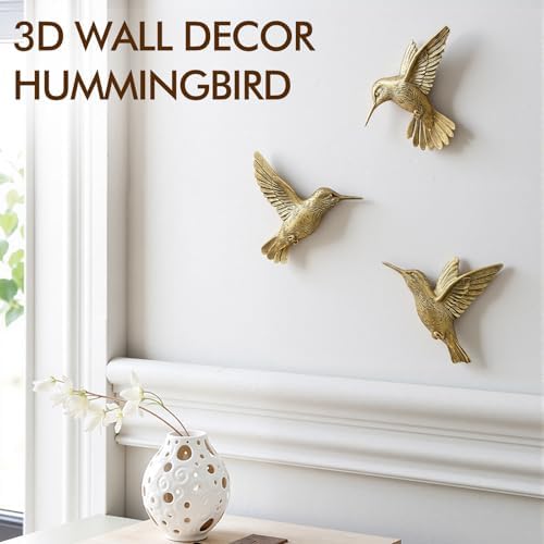 GUSFREUD 3D Hummingbird Wall Decor Set - Brass Resin Bird Wall Decor for Living Room, Bedroom and Gallery Walls - Vintage Gold - Set of 3 - Image 6