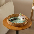 YANGQIHOME Round Rattan Tray with Handle, Mother of Pearl Inlay Decorative Wicker Basket for Coffee, Bread, Fruits, Serving Tray for Home Decor, Blue Flower - Image 4