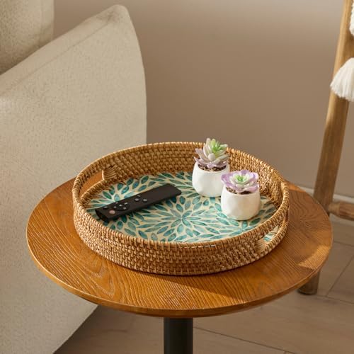 YANGQIHOME Round Rattan Tray with Handle, Mother of Pearl Inlay Decorative Wicker Basket for Coffee, Bread, Fruits, Serving Tray for Home Decor, Blue Flower - Image 4