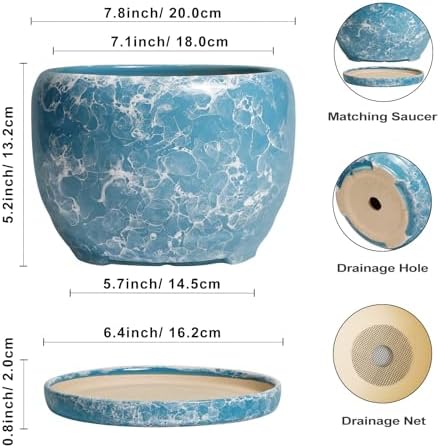 SQOWL Ceramic Pots for Plants - 8 Inch Ceramic Planter for Indoor Outdoor, Decorative Flower Pot with Drainage Hole and Saucer, Round Planter, Home Living Room Bathroom Decor, Plant Lover Gifts, Blue - Image 3