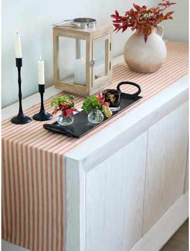 Solino Home 100% Linen Table Runner, 14 x 72 in, Pumpkin and Natural Stripe - Image 3