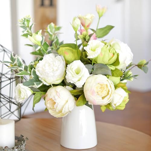FiveSeasonStuff Cream Beige & Moss Green Artificial Peony Bouquet Set of 2 - Image 2