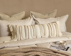 Beige Boho Lumbar Pillow Cover 14x36 with Handmade Drawn Work - Image 2