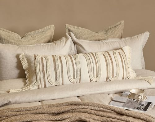 Beige Boho Lumbar Pillow Cover 14x36 with Handmade Drawn Work - Image 2