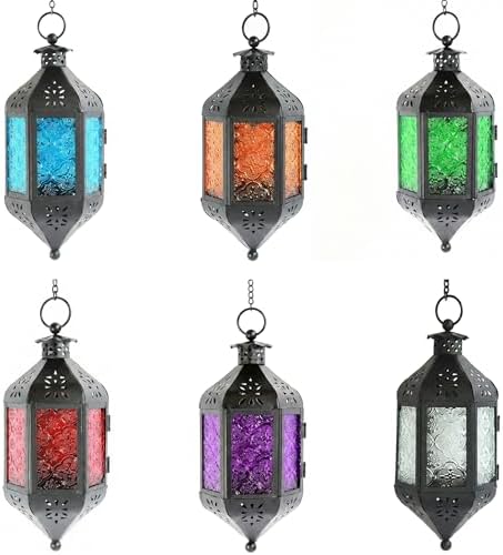 Vela Lanterns Hanging Moroccan Lamp - Exotic Decorative Patio & Porch Decor, Indoor Outdoor Tea Light Candle Lantern Holder with Chain (11" Medium, Assorted Colors, 6-Pack) by VelaCandleLanterns