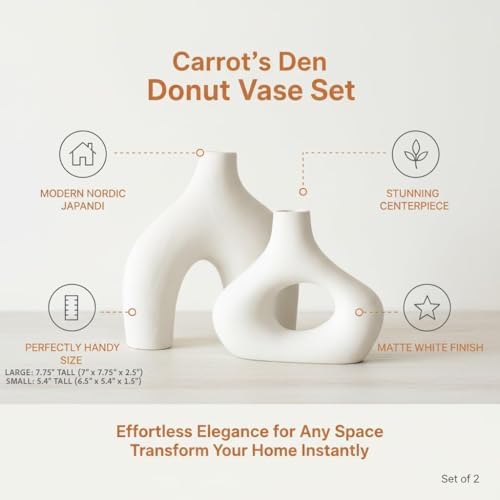 Carrot's Den Ceramic Modern Vase Set of 2, Donut Shelf Decor, Warm White - Image 5