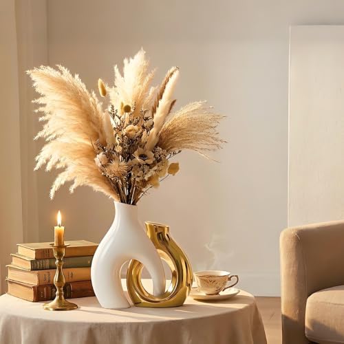 Gold Vases Set of 2, Ceramic Flower Vase for Home Decor - Image 2