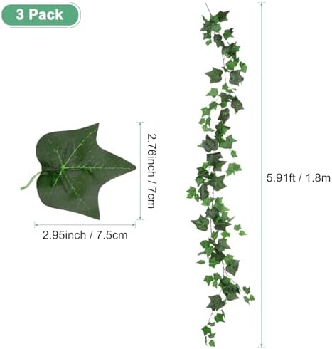 M METERXITY 3-Pack Artificial Ivy Vines Kit, 6 ft Silk Greenery Fake Ivy Vines for Room Decor, Ivy Garland for Bedroom/Window/Wedding/Party/Wall Hanging Plants [Dark Green] - Image 3
