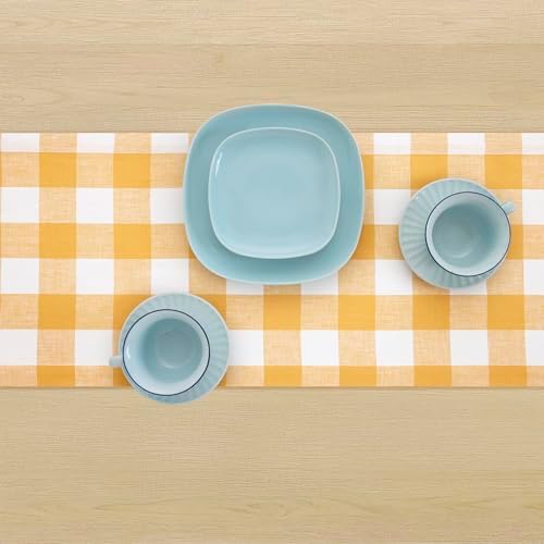 Solino Home 100% Linen Table Runner, 14 x 90 in, Mustard and White Check - Image 3