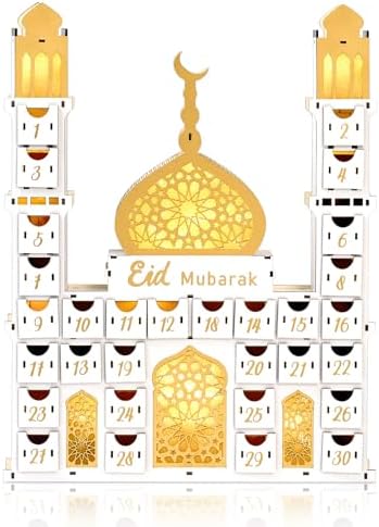 Ramadan Advent Calendar with 30 Drawers Lighted Wooden Eid Mubarak Mosque Countdown Calendar Fillable Large Ramadan Dates Gift Box for Islamic Muslim Home Table Decoration Family Party Supplies by Unknown