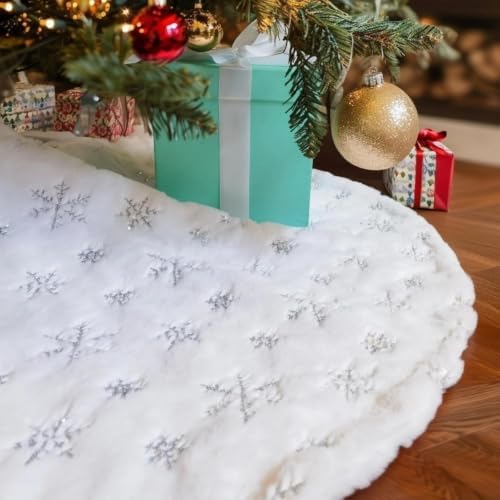 CHICHIC 72 Inch Faux Fur Christmas Tree Skirt with Sequin Silver Snowflakes - Image 2